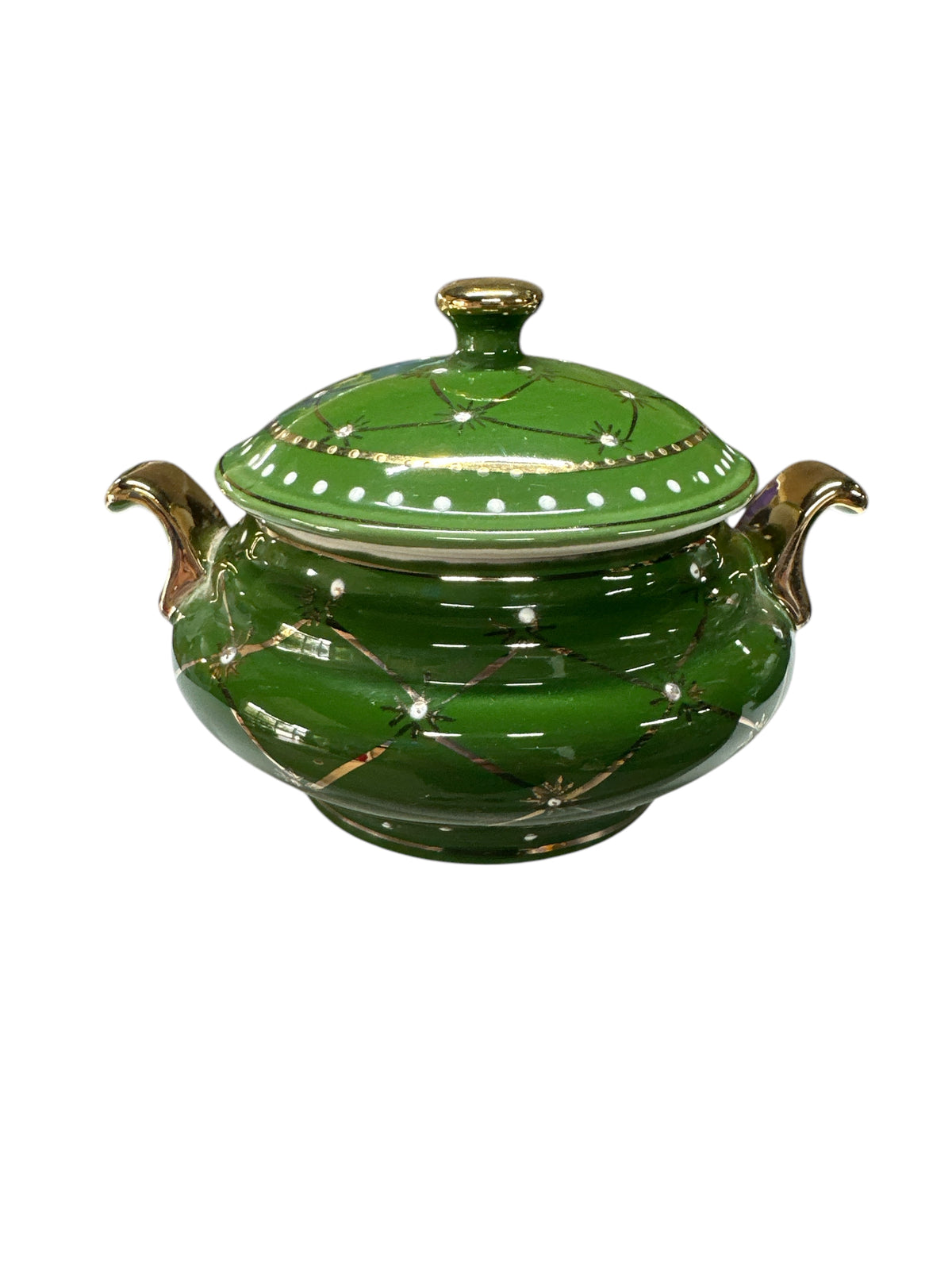 Small Green/ Gold tureen  7”x 6”x 5”