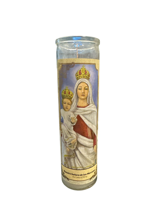 8" Our Lady of Mercy image glass candle