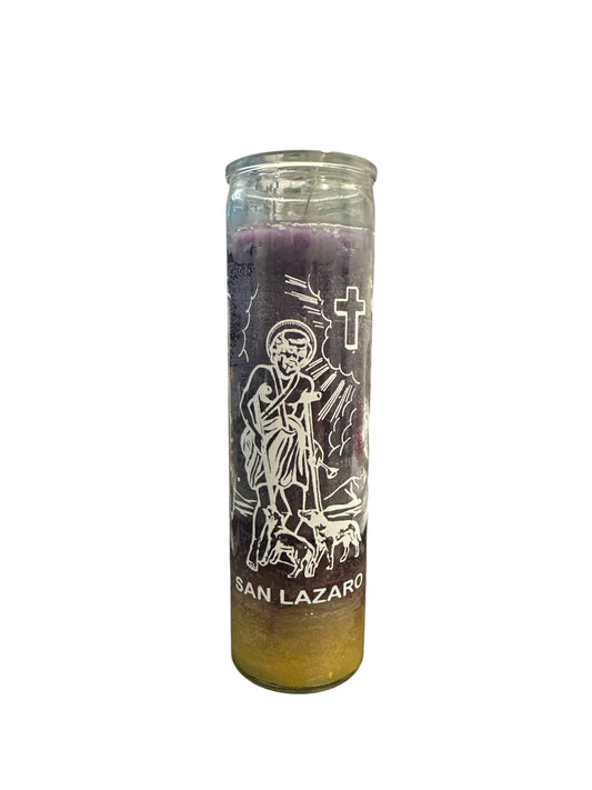 8" Saint Lazarus candle two colors purple and yellow